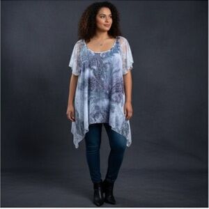 Brittany Black Tunic Blouse Sheer Paisley Mesh Gray Women's Plus 2X Asymmetrical